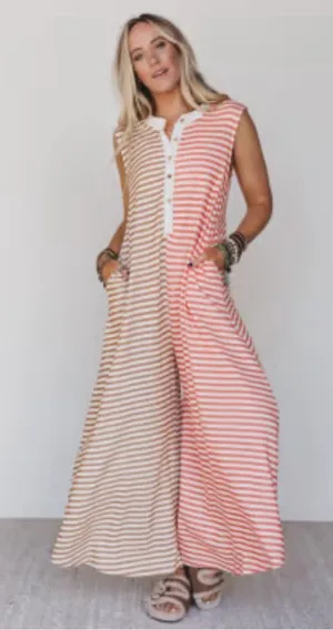 Daphne Striped wide leg jumpsuit with pockets Small Pink thumbnail 1