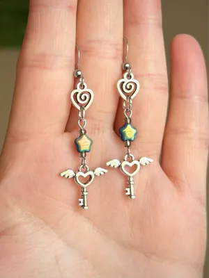 Handmade Czech glass star & angel heart key romance Kawaii y2k fairy dangle earrings✨ thumbnail 4