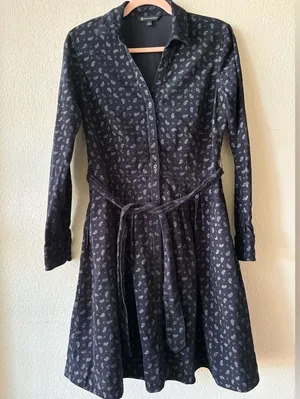 Brooks Brothers Dress Womens Black Paisley Corduroy Belted Button Front Size S thumbnail 1