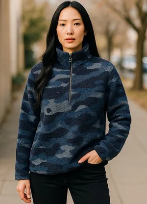 Como Womens Juniors Pullover‎ Sz Small Blue Fleece Sherpa Teddy Camo Quarter Zip thumbnail 1