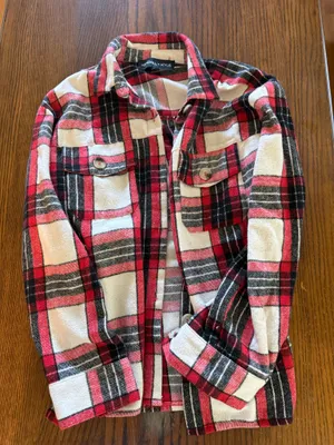 Kendall + Kylie Red Plaid Cropped Flannel Shacket Size Medium thumbnail 1