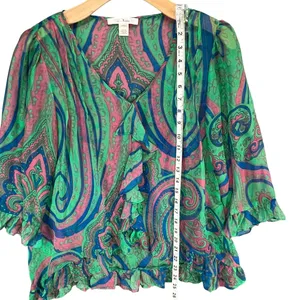 Anthropologie Trinity Blouse M Green‎ Silk Paisley Sheer Ruffle Forest Fairy Top thumbnail 7