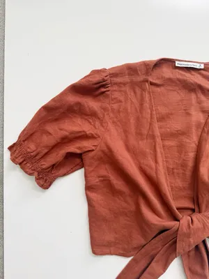 Abercrombie & Fitch Linen Blend Front Tie Cropped Top - Rust - Medium thumbnail 2
