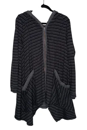 Free People Striped Thermal Hoodie Women Medium Black Zip Up Handkerchief Hem EX thumbnail 1