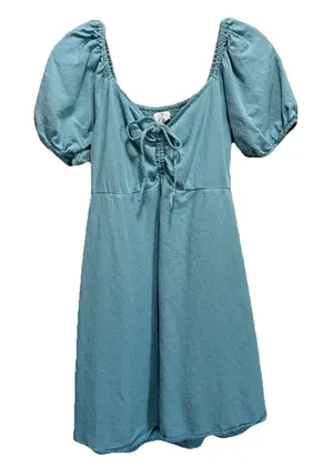 Jopna Blue Midi Short Puff Sleeves Dress Size M Smocked Back Tie‎ Front Lined thumbnail 1