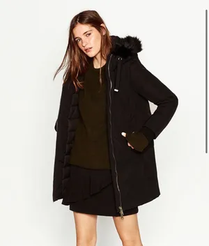 ZARA BASIC Outerwear long black jacket coat with fuzzy hood size small thumbnail 2