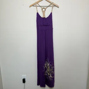 NEW y2k Bongo Women Milkmaid Maxi Dress Purple‎ Braided Macrame Racerback Floral thumbnail 2