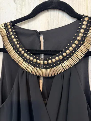 Women's XS Black Gold Brocade Beaded Collar Cocktail Dress thumbnail 3