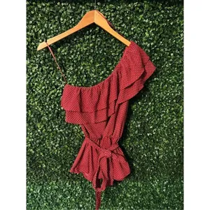 Anthropologie Maeve Rita Ruffled One Shoulder Blouse Red Color White Polka Dot S thumbnail 3