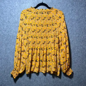 Rose + Olive‎ Mustard Yellow Floral Smocked Peplum Sheer Blouse Long Sleeve M thumbnail 7