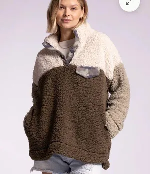 Thread and Supply Elm Pullover, Olive and Cream Fleece, Size Large thumbnail 1