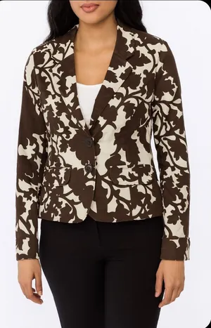 XL Brown White Crop Floral Print Blazer Jacket Pockets Old Navy thumbnail 1