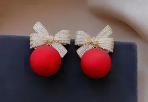 Gorgeous Holiday Bow with Red Shiny Ball Earrings thumbnail 4