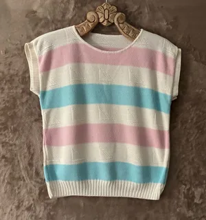 Women’s Pastel Striped Knit Top — Pink, Blue & White Size M/L thumbnail 1