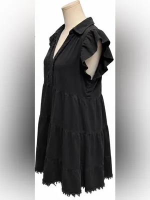 Umgee Black Ruffle Sleeve Tiered Cotton Mini Dress Size 10 Raw Hem thumbnail 2