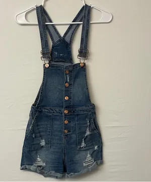 XS High Rise Distressed Jean Overalls – Vintage Look Short Romper (F10) thumbnail 3