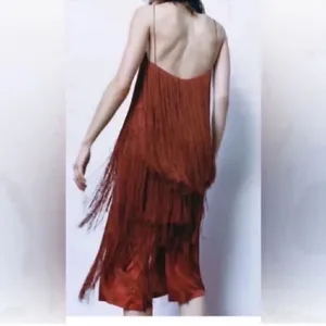 Zara Brown/Plum Sleeveless Fringe Midi Dress (Size Small) thumbnail 3