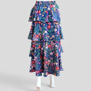 Skies Are Blue Maxi Skirt Small Blue Floral Tiered Ruffle Boho thumbnail 5