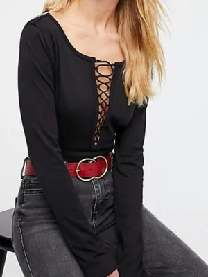 We The Free Jacqui Black Lace-up V-neck long sleeve thumbnail 1