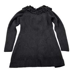 Tahari Long Cardigan Sweater Jacket 100% Merino Wool Size Small Gray Ruffle Snap thumbnail 6