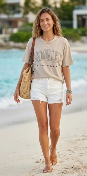 SHEIN Brooklyn New York Oversized Graphic Tee Beige Retro Block Letter Shirt thumbnail 1