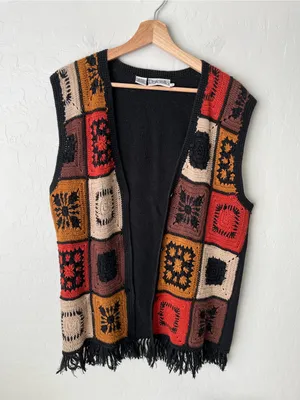 Rafaella Vintage Grandma Knit Crochet Granny Square Fringe Button Up Vest Size Medium thumbnail 2