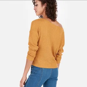 Express Mustard Waffle Knit Off Shoulder Top M thumbnail 2