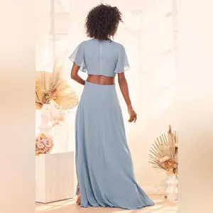 New Lulus Deep in my heart slate blue Swiss Dot cut out maxi dress size small thumbnail 2
