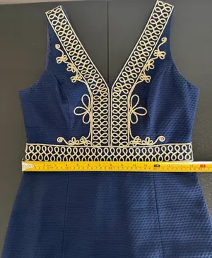 Lilly Pulitzer Navy Blue‎ Gold Embroidered Silk Dress Size 6 thumbnail 7