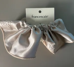 Francesca's Ivory Satin Oversized Bow Scrunchie Floral Embossed Hair Accessory thumbnail 1