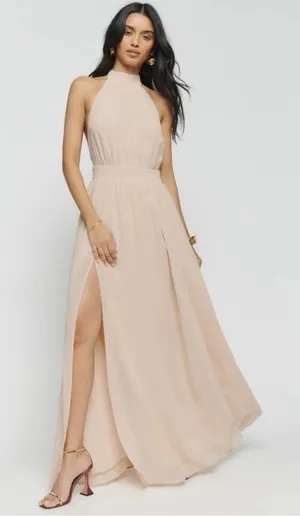 Reformation High Halter Neck‎ Open Back Maxi Dress Blush Nude Formal Gown thumbnail 1
