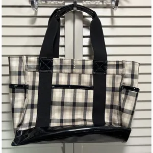 Koko Plaid Insulated Lunch Tote Bag Tan/Blk‎ Pockets Cinch Close Extension thumbnail 5