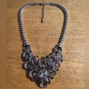 Statement Chunky Silver Tone Rhinestone Necklace thumbnail 2