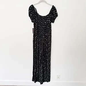 [Justify] Black Puff Sleeve Smocked Floral Print Wide Leg Jumpsuit NWT Sz Large thumbnail 2