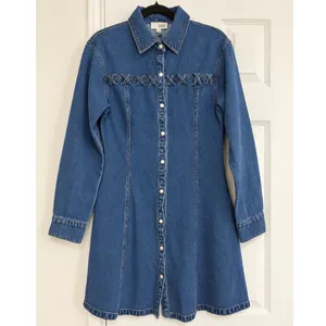 Sunday Edition Lace-Up Denim Mini Dress Blue Long Sleeve Western NWT Small thumbnail 2