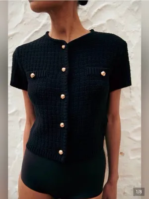 H&M Small Black Short Sleeve Knit Cardigan Gold Buttons Cropped Preppy Chic Top thumbnail 11