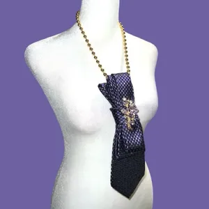 “Dainty Dapper”Purple and lavender Patterned Tie Necklace with brooch Purple thumbnail 3
