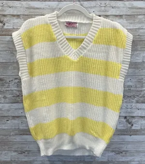 Vtg 90's Janenits Womens M Vest Sweater Striped Yellow & White V-Neck Preppy USA thumbnail 1