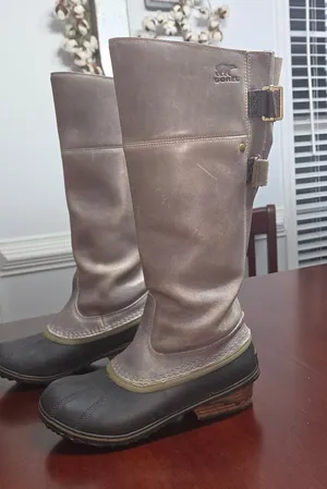Sorel Slimpack Riding Tall II Leather Rain Winter Boots - Gray/Black Size 7 thumbnail 1