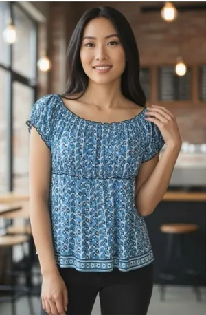 Max Studio ✿ Daisy Print Smocked Ruffled Babydoll Peasant Top ✿ Baby Blue ✿ M thumbnail 1