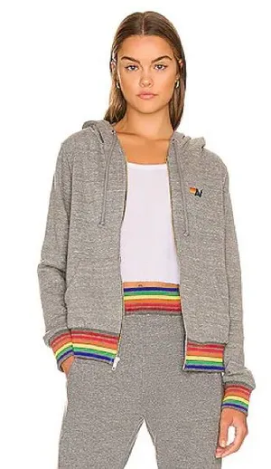 Aviator Nation Rainbow Rib Zip Hoodie Heather Grey size XXL thumbnail 1