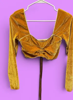 Cute golden ribbed corduroy stretchy cinched tie long sleeve crop top Cider thumbnail 1