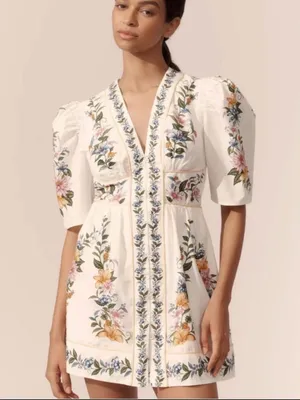 Farm Rio Sweet Bloom Dreamscape Floral Puff Sleeve Mini Dress Size L thumbnail 5