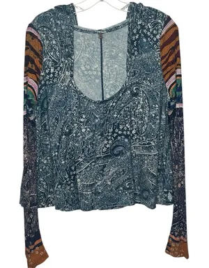 Free People Movement Sz L Mix Print Hooded Swing Top Cropped Long Sleeves thumbnail 1
