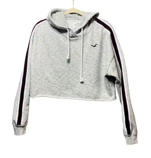 Hollister Crop Hoodie‎ Sweatshirt Striped Sleeve Raw Hem Gray Medium thumbnail 1