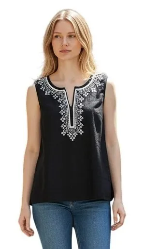 Talbots Embroidered Sleeveless Top 10 Black Excellent‎ Linen Blend Split Neck thumbnail 1