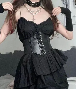 NEW Black Faux Leather Lace-Up Corset Waist Belt Goth Witch Halloween Costume Outfit thumbnail 1