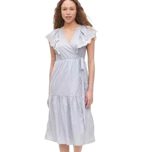 GAP Women's Striped Lace Midi Wrap Dress Tie Waist Flutter Sleeve‎ Blue Size M thumbnail 6
