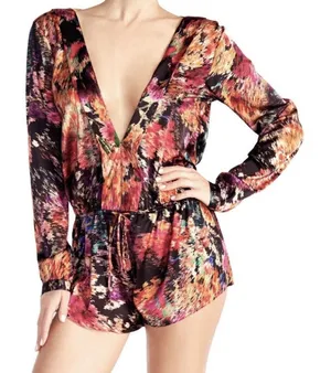 Naked Princess Lila Silk Romper Womens Large Abstract Floral Drawstring thumbnail 1