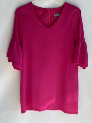 Hot pink mini dress dramatic ruffle long sleeve v-neck party wedding guest L thumbnail 8